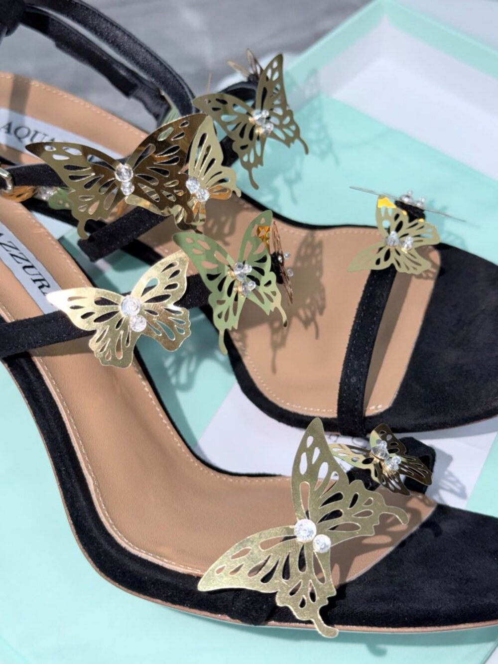Aquazzura Papillon Sauvage 105 Butterfly Suede Heels Black EU 38 - Picture 5 of 6